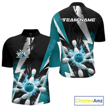 Load image into Gallery viewer, Custom Fiery Turquoise Blue Bowling Men Quarter-Zip Shirts, Flame Bowling Jerseys Bowler Outfit IPHW9531