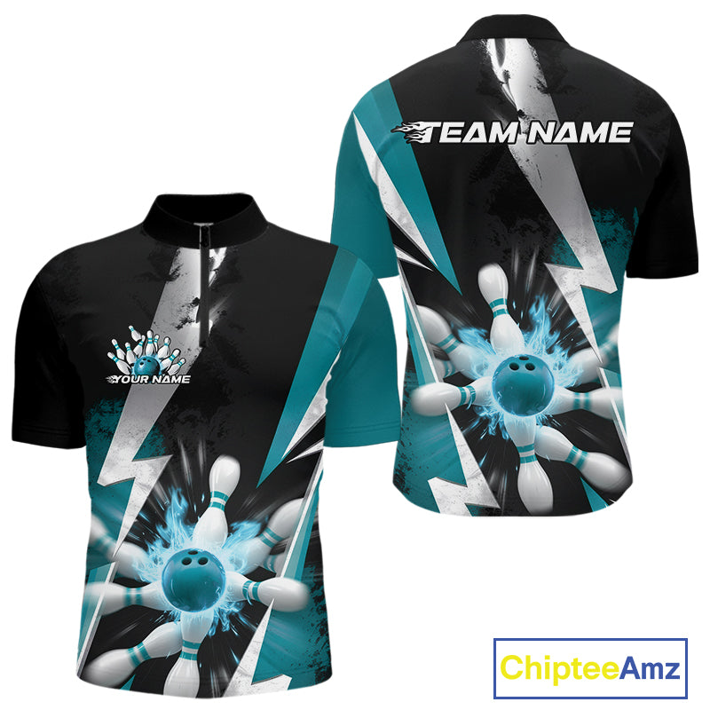 Custom Fiery Turquoise Blue Bowling Men Quarter-Zip Shirts, Flame Bowling Jerseys Bowler Outfit IPHW9531
