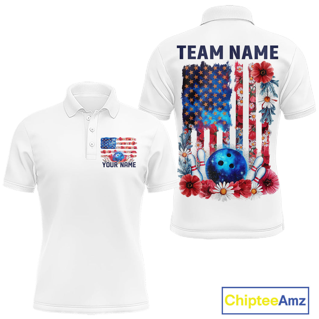 Custom Wild Flower Patriotic US Flag Bowling Polo Shirts For Men, Hippie Bowling Shirt IPHW9753