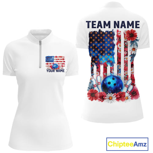 Custom Wild Flower Patriotic US Flag Bowling Women Quarter-Zip Shirt, Hippie Bowling IPHW9753