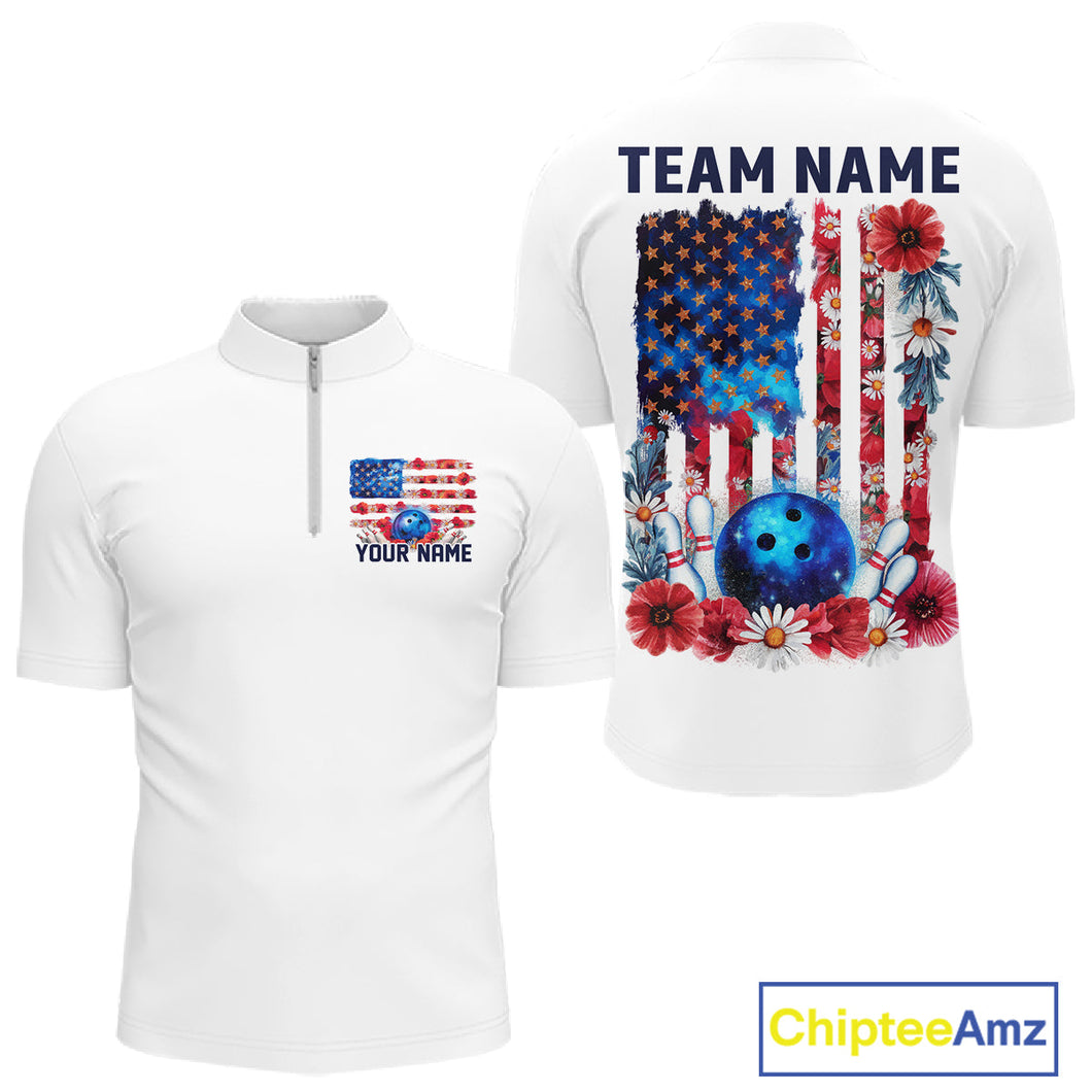 Custom Wild Flower Patriotic US Flag Bowling Quarter-Zip Shirts For Men, Hippie Bowling Shirt IPHW9753