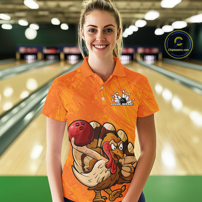 Custom Funny Thanksgiving Turkey Bowling Women Polo Shirts, Bowling League Shirt IPHW9770