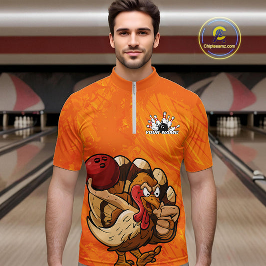 Custom Funny Thanksgiving Turkey Bowling Men Quarter-Zip Shirts, Bowling League Shirt IPHW9770