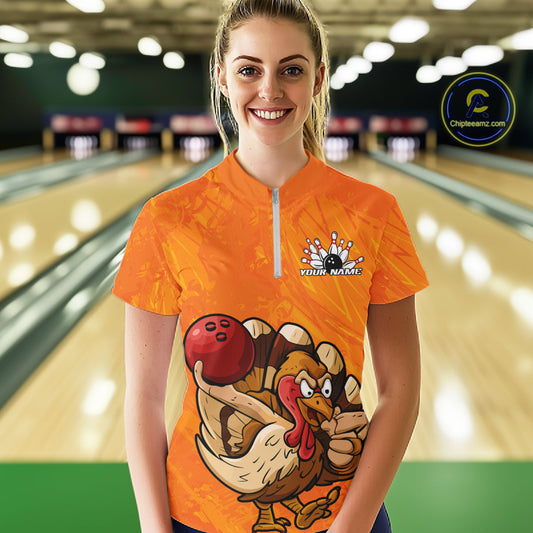 Custom Funny Thanksgiving Turkey Bowling Women Quarter-Zip Shirts, Bowling League Shirt IPHW9770