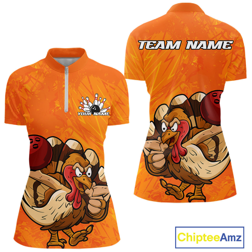 Custom Funny Thanksgiving Turkey Bowling Women Quarter-Zip Shirts, Bowling League Shirt IPHW9770