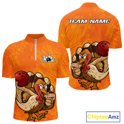 Custom Funny Thanksgiving Turkey Bowling Men Quarter-Zip Shirts, Bowling League Shirt IPHW9770