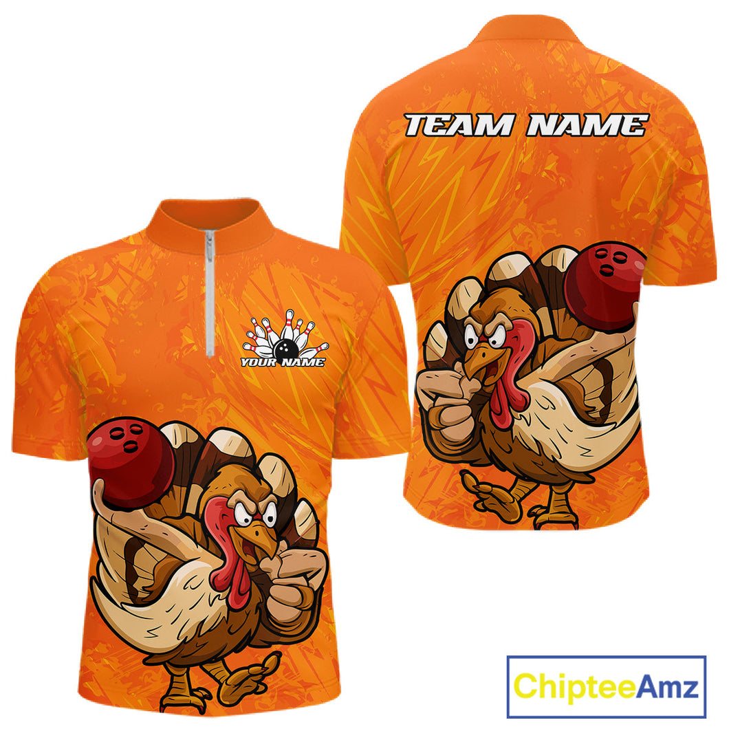 Custom Funny Thanksgiving Turkey Bowling Men Quarter-Zip Shirts, Bowling League Shirt IPHW9770