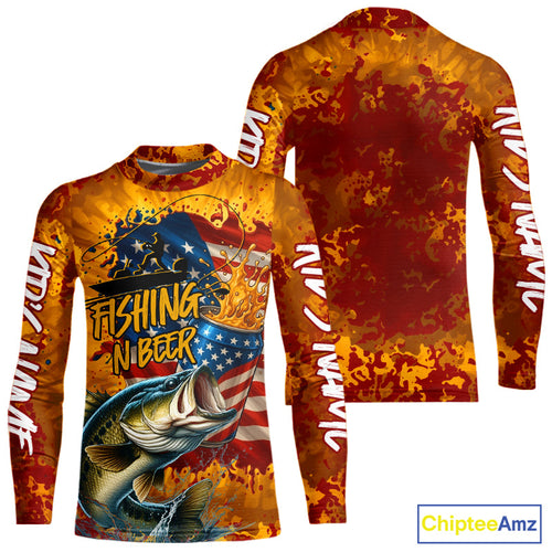 Custom US Flag Patriotic Largemouth Bass Fishing N Beer Kid Long Sleeve Camo Fishing Shirts IPHW9191