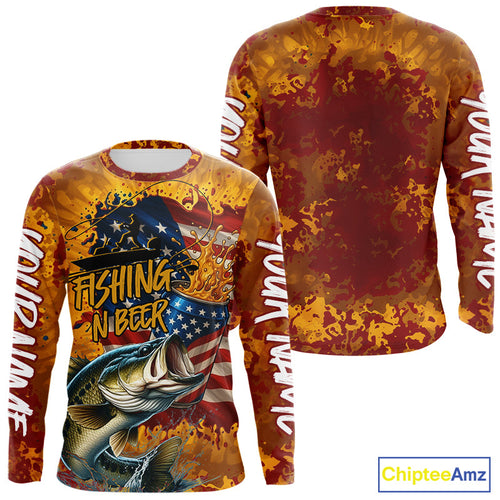 Custom US Flag Patriotic Largemouth Bass Fishing N Beer Long Sleeve Camo Fishing Shirts IPHW9191
