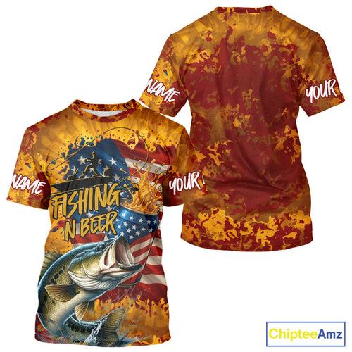 Custom US Flag Patriotic Largemouth Bass Fishing N Beer Camo Fishing T-Shirts IPHW9191