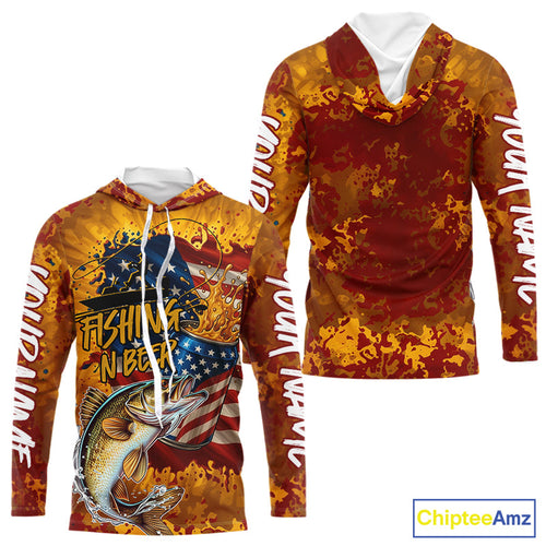 Custom US Flag Patriotic Walleye Fishing N Beer Long Sleeve Hooded Camo Fishing Shirts IPHW9192