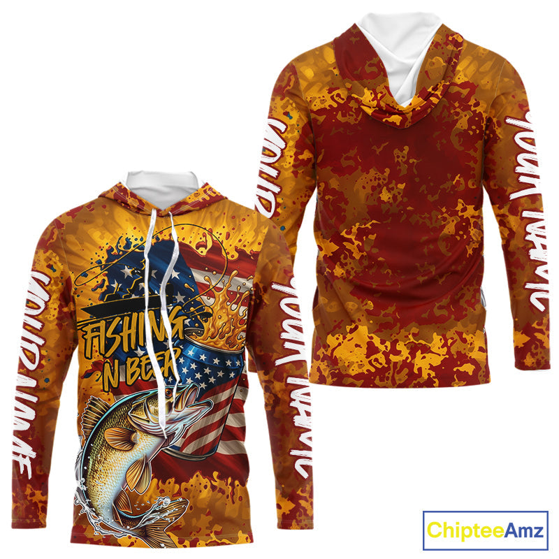 Custom US Flag Patriotic Walleye Fishing N Beer Long Sleeve Hooded Camo Fishing Shirts IPHW9192