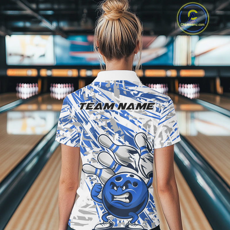 Blue Camo Custom Funny Bowling Polo Shirts For Women, Bowling Team Tournament Shirt IPHW9398