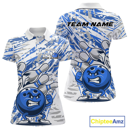 Blue Camo Custom Funny Bowling Polo Shirts For Women, Bowling Team Tournament Shirt IPHW9398