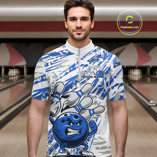 Blue Camo Custom Funny Bowling Quarter-Zip Shirts For Men, Bowling Team Tournament Shirt IPHW9398