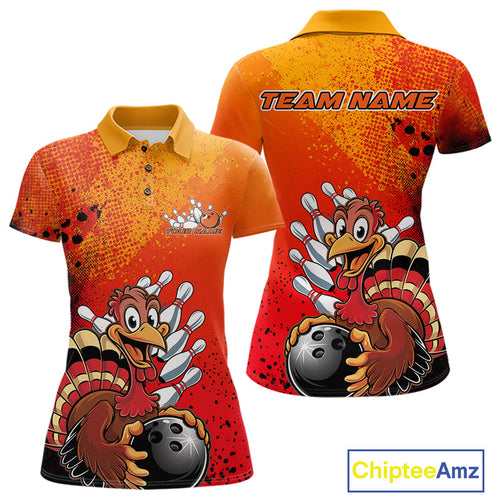 Custom Funny Orange Turkey Bowling Team Women Polo Shirts, Thanksgiving Bowling Outfit IPHW9785