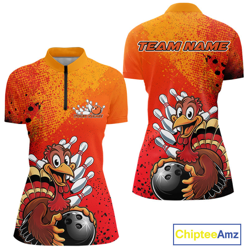 Custom Funny Orange Turkey Bowling Women Quarter-Zip Shirts, Thanksgiving Bowling Outfit IPHW9785
