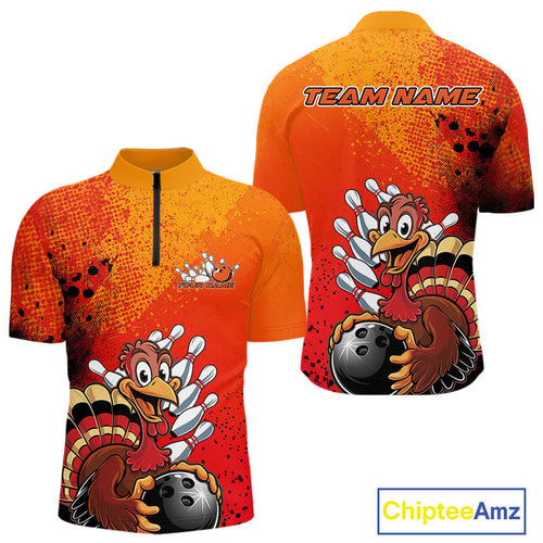 Custom Funny Orange Turkey Bowling Team Men Quarter-Zip Shirts, Thanksgiving Bowling Outfit IPHW9785