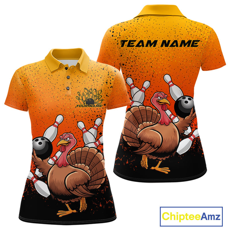 Custom Funny Turkey Bowling Thanksgiving Bowing Outfit Team Polo Shirts For Women IPHW9787