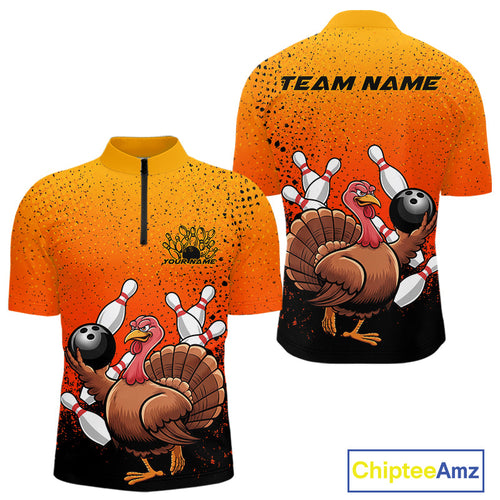 Custom Funny Turkey Bowling Thanksgiving Bowing Outfit Team Quarter-Zip Shirts For Men IPHW9787