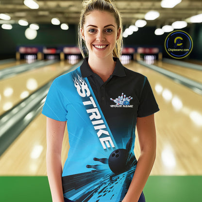 Custom Black And Blue Strike Bowling Polo Shirts For Women, Bowling Team Uniform IPHW9552