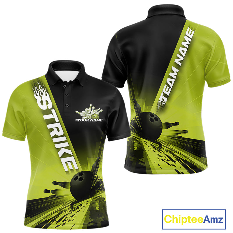Custom Black And Green Strike Bowling Polo Shirts For Men, Bowling Team Uniform IPHW9553