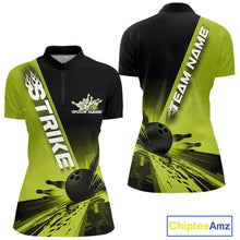 Load image into Gallery viewer, Custom Black And Green Strike Bowling Quarter-Zip Shirts For Women, Bowling Team Uniform IPHW9553