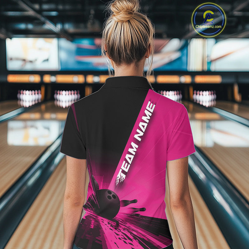 Custom Black And Pink Strike Bowling Polo Shirts For Women, Bowling Team Uniform IPHW9554