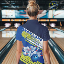 Load image into Gallery viewer, Custom Blue And Green Flame Strike Bowling Team Women Polo Shirts, Bowling Jerseys IPHW9404