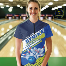 Load image into Gallery viewer, Custom Blue And Green Flame Strike Bowling Team Women Quarter-Zip Shirts, Bowling Jerseys IPHW9404