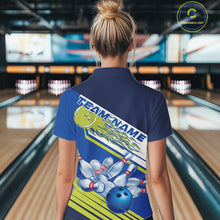 Load image into Gallery viewer, Custom Blue And Green Flame Strike Bowling Team Women Quarter-Zip Shirts, Bowling Jerseys IPHW9404