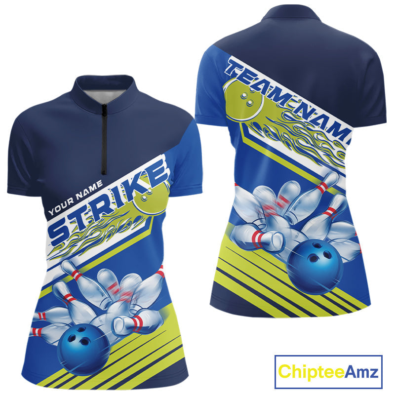 Custom Blue And Green Flame Strike Bowling Team Women Quarter-Zip Shirts, Bowling Jerseys IPHW9404