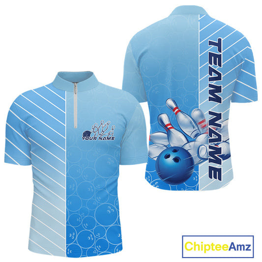 Custom Gradient Blue Bowling Pattern Team Quarter-Zip Shirts For Men, Bowling Tournament Shirt IPHW9406