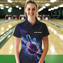 Load image into Gallery viewer, Custom Galaxy Blue And Purple Flame Bowling Women Polo Shirt, Bowling League Team Uniform IPHW9568