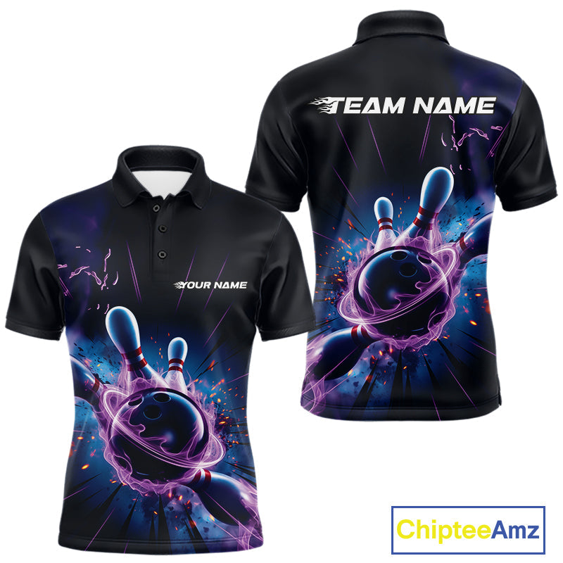 Custom Galaxy Blue And Purple Flame Bowling Polo Shirt For Men, Bowling League Team Uniform IPHW9568