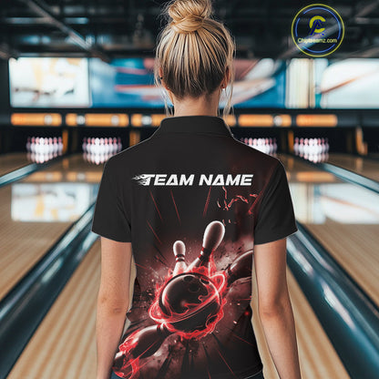 Custom Galaxy Red Flame Bowling Polo Shirt For Women, Bowling League Team Uniform IPHW9569