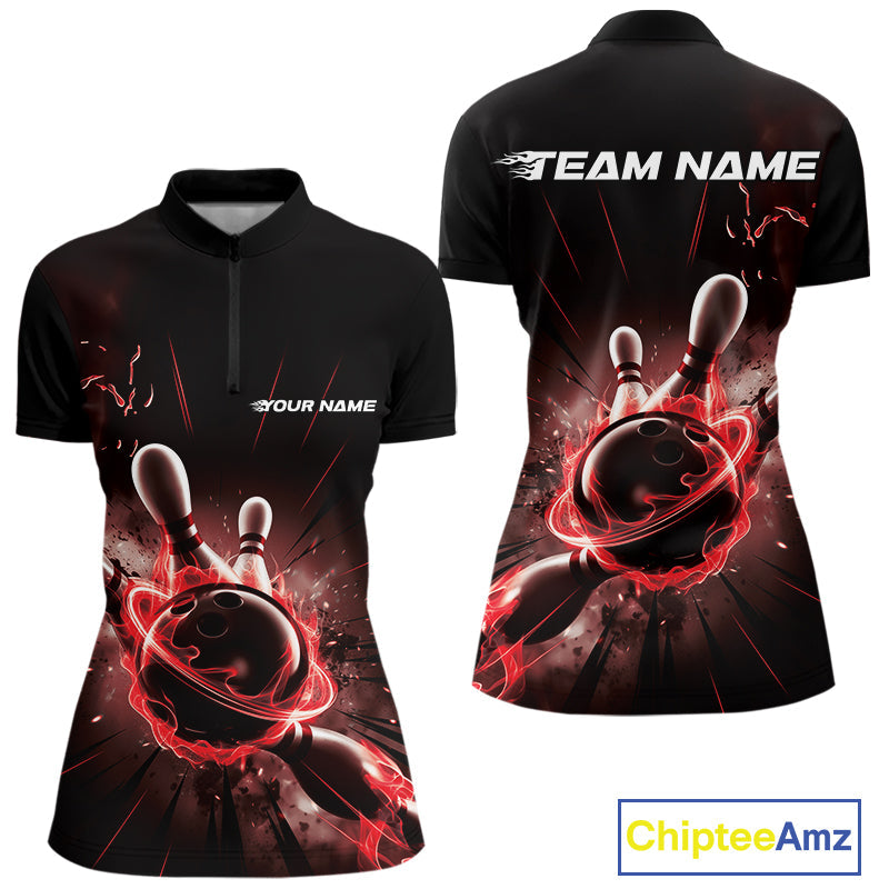 Custom Galaxy Red Flame Bowling Quarter-Zip Shirt For Women, Bowling League Team Uniform IPHW9569