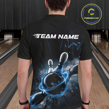 Custom Galaxy Blue Flame Bowling Polo Shirt For Men, Bowling League Team Uniform IPHW9570