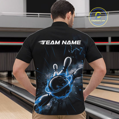Custom Galaxy Blue Flame Bowling Quarter-Zip Shirt For Men, Bowling League Team Uniform IPHW9570
