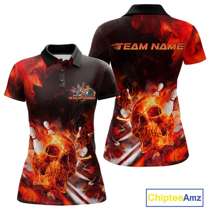 Custom Fire Flame Skull Bowling Polo Shirts For Women, Halloween Bowling Outfits IPHW9579