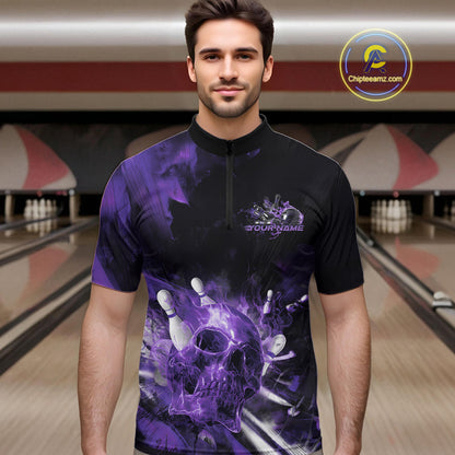 Custom Purple Fire Flame Skull Bowling Quarter-Zip Shirts For Men, Halloween Bowling Outfits IPHW9580