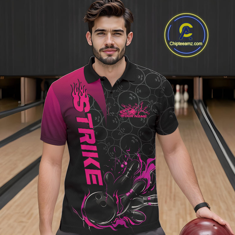 Custom Bowling Pattern Pink Flame Strike Bowling Team Men Polo Shirts, Bowling Jerseys IPHW9417