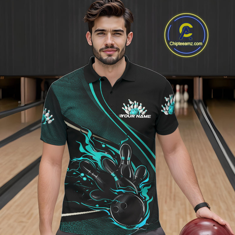 Custom Black And Blue Fire Flame Bowling Team Men Polo Shirts, Bowling Jerseys IPHW9419