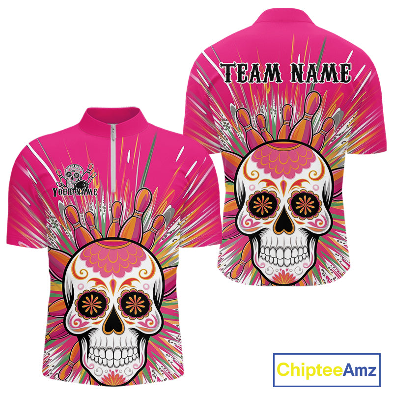 Custom Pink Sugar Skull Bowling Team Quarter-Zip Shirts For Men, Halloween Bowlers Outfit IPHW9254