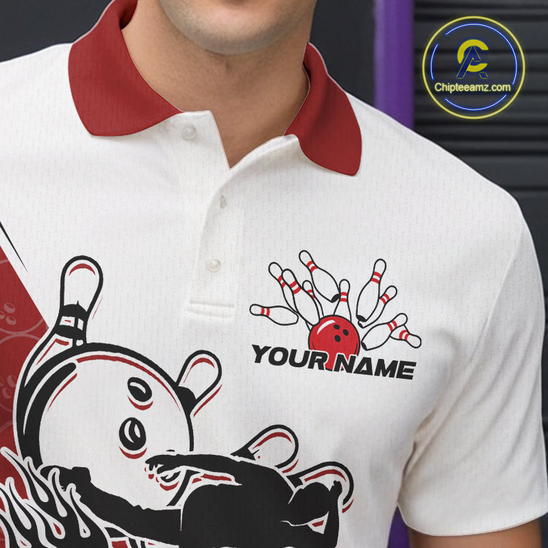 Cusom Red Strike Bowling Team Polo Shirts For Men, Bowling League Shirt Bowlers Outfit IPHW9259