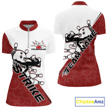 Load image into Gallery viewer, Cusom Red Strike Bowling Team Women Quarter-Zip Shirt, Bowling League Shirt Bowler Outfit IPHW9259