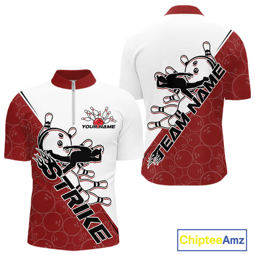 Cusom Red Strike Bowling Team Quarter-Zip Shirts For Men, Bowling League Shirt Bowlers Outfit IPHW9259