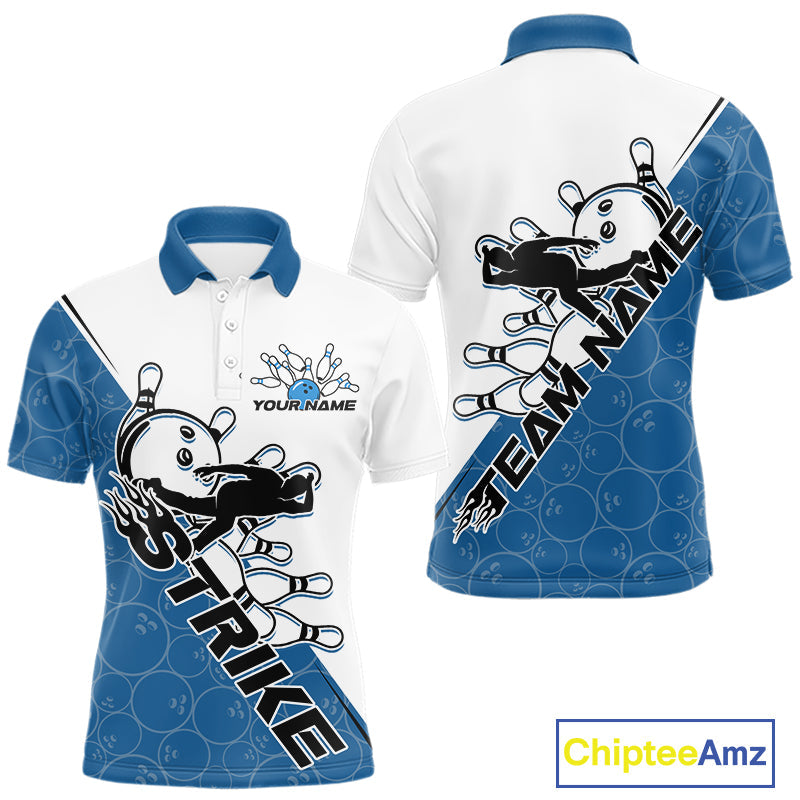 Cusom Blue Strike Bowling Team Polo Shirts For Men, Bowling League Shirt Bowlers Outfit IPHW9260