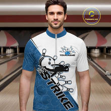 Load image into Gallery viewer, Cusom Blue Strike Bowling Team Quarter-Zip Shirts For Men, Bowling League Shirt Bowlers Outfit IPHW9260