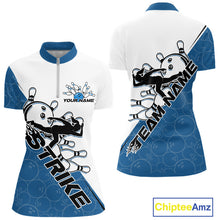 Load image into Gallery viewer, Cusom Blue Strike Bowling Team Women Quarter-Zip Shirt, Bowling League Bowler Outfit IPHW9260